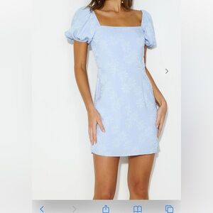 NEW! Light Blue Square Neck Puff Sleeve Mini Dress